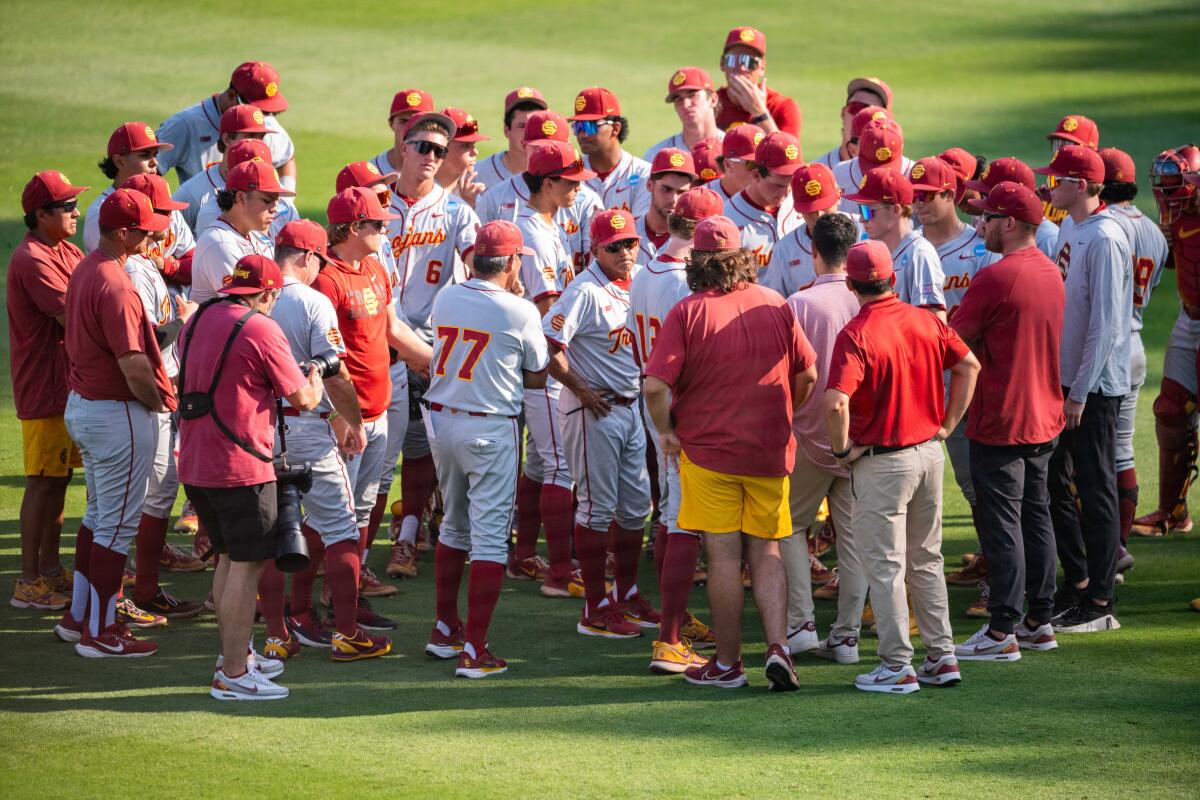 USC coach Andy Stankiewicz talks to his players after their season-ending loss to North Carolina.