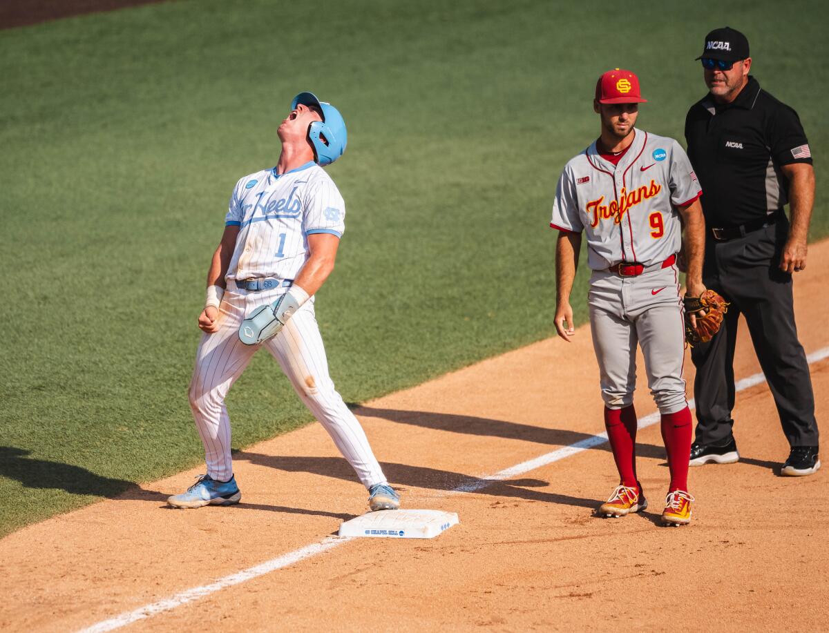 North Carolina's Maddox Riske celebrates during his team's ninth-inning rally to beat USC in their super regional finale
