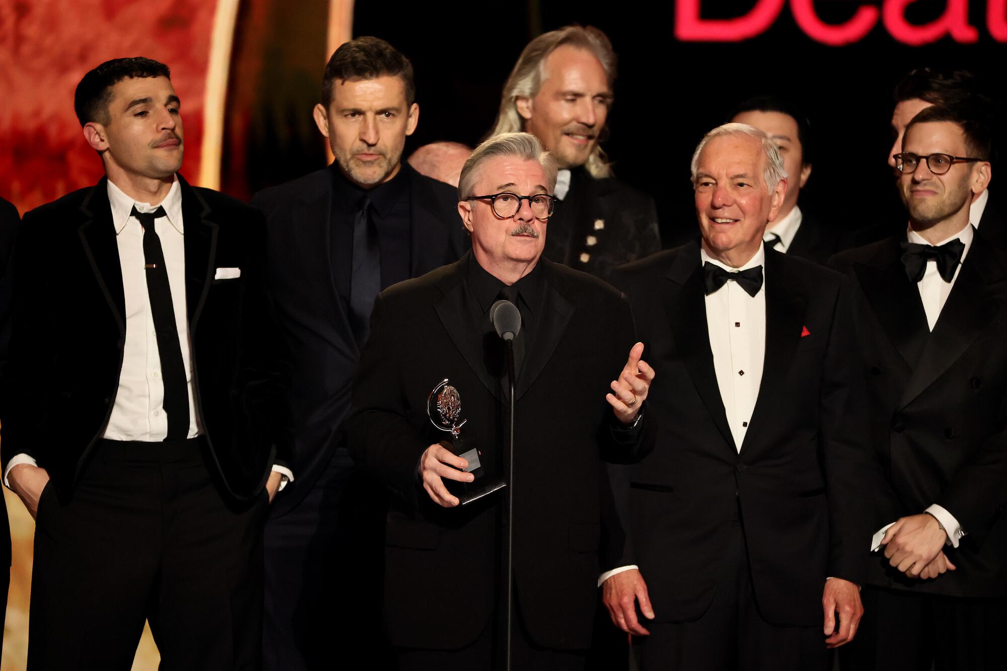 Nathan Lane accepts the best revival of a play award for "Death of a Salesman" at the 2026 Tony Awards.