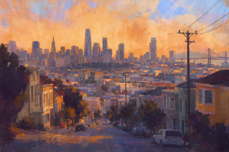 A colorful cityscape at sunset shows a downhill street lined with houses, cars, utility poles, and a distant skyline with tall buildings and a bridge.