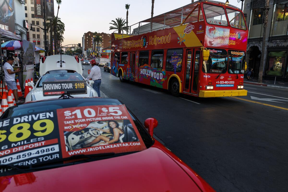 A double-decker sight-seeing bus in Hollywood in 2025