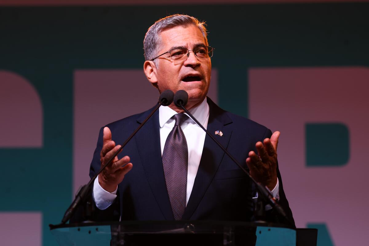 Xavier Becerra speaks during an election night event in downtown Los Angeles 