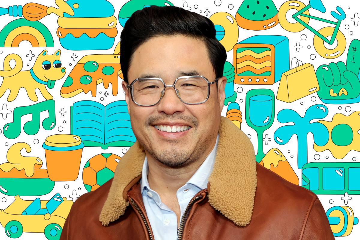 Photo of a person on a background of colorful illustrations like a book, dog, pizza, TV, shopping bag, and more