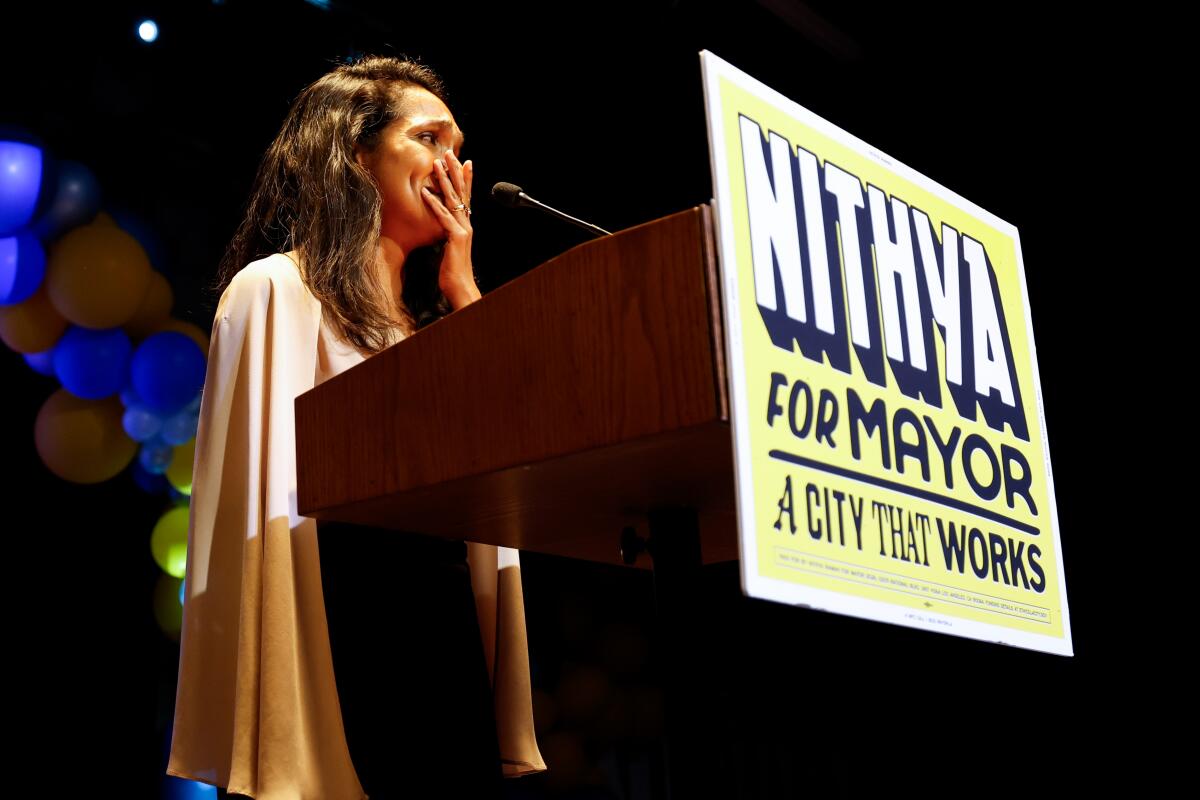 Nithya Raman speaks during an election night party at Boomtown Brewery
