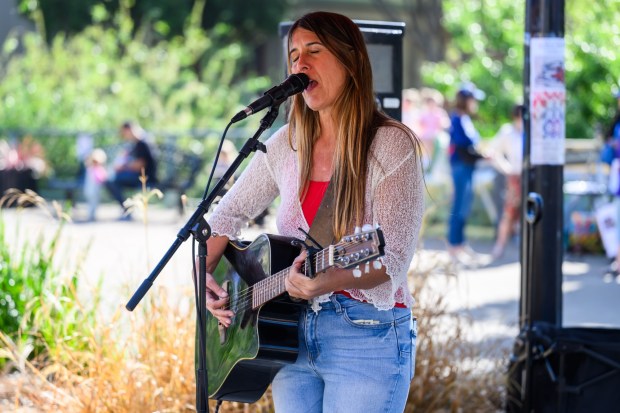 Musican Aprylle Dawn performs at the Martinez Farmer's Market in Martinez, Calif., on Sunday, March 22, 2026. (Jose Carlos Fajardo/Bay Area News Group)
