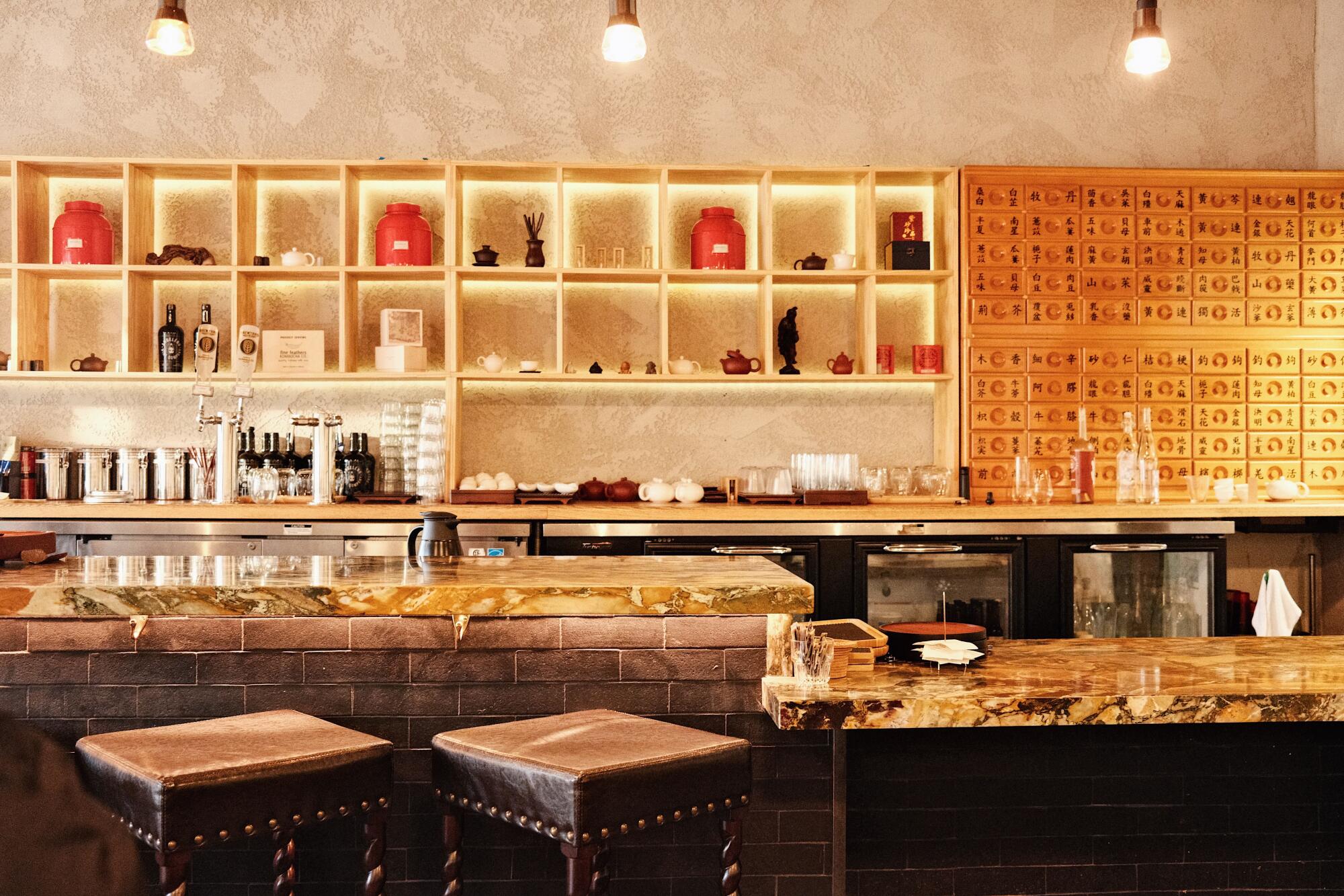 An interior focused on the bar of plant-based Chinese restaurant Men & Beasts in Echo Park.