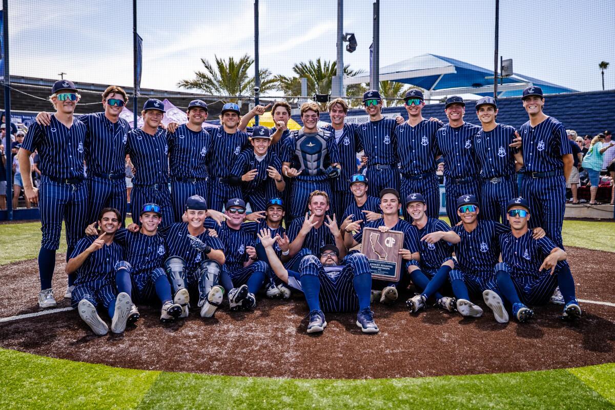 Newport Harbor baseball celebrates winning the CIF SoCal Regional Division II championship.