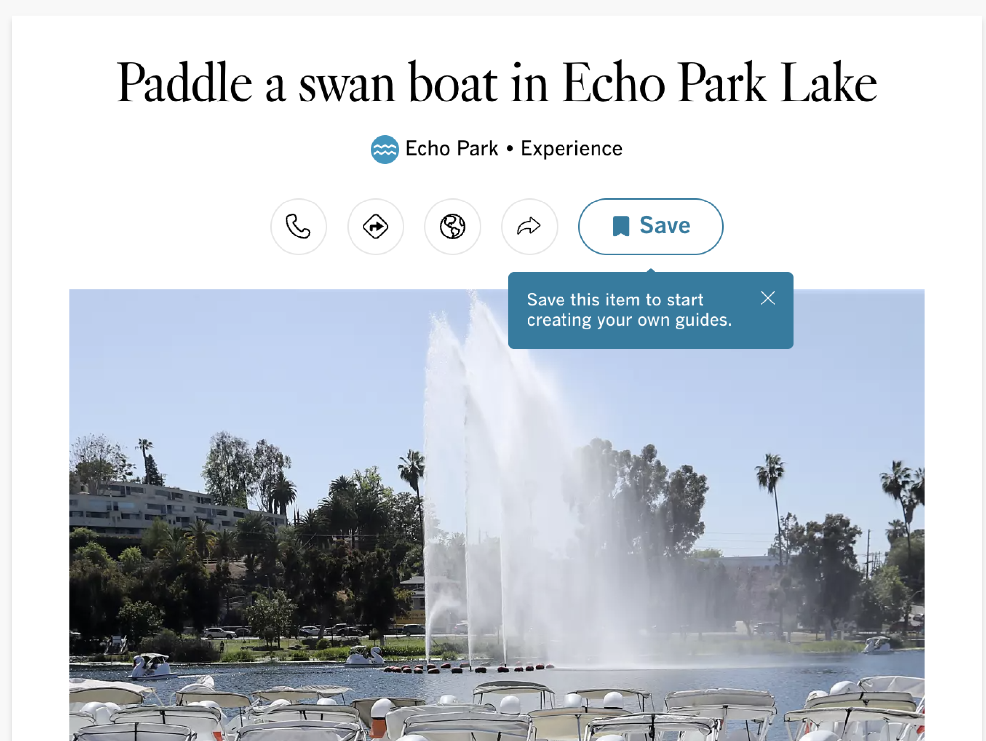 screenshot from latimes.com showing a button to save a recommendation for swan boats at Echo Park Lake