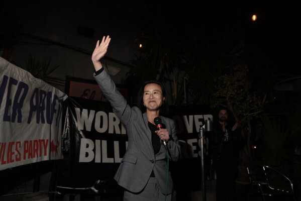 Congressional candidate Connie Chan, who is vying to replace Rep. Nancy Pelosi's seat, addresses her supporters at El Rio in the Mission on Election Night in San Francisco on Tuesday, June 2, 2026. (Brontë Wittpenn/San Francisco Chronicle via AP)