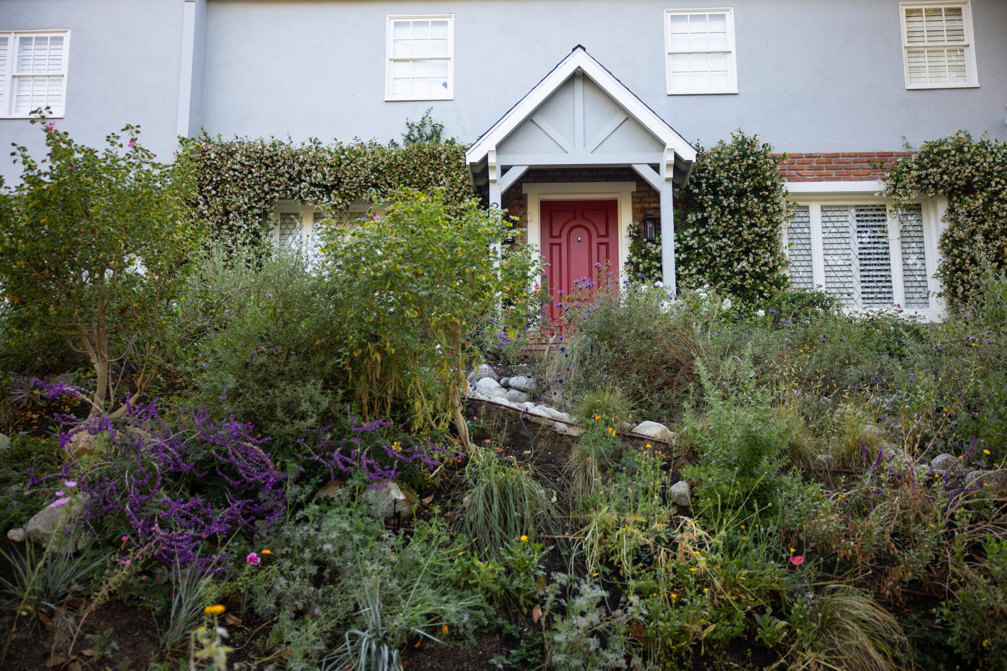 A lush garden and red door of a house.