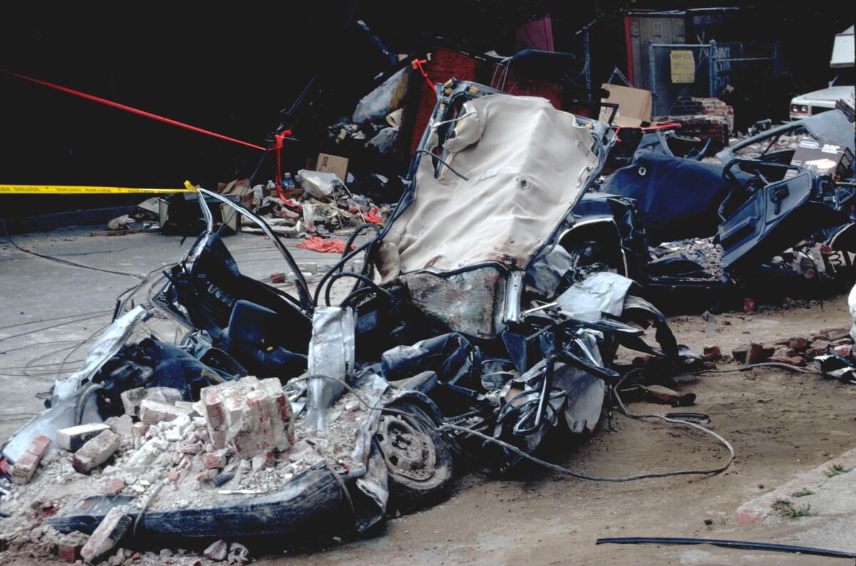 Crushed cars during the magnitude 6.9 Loma Prieta earthquake.