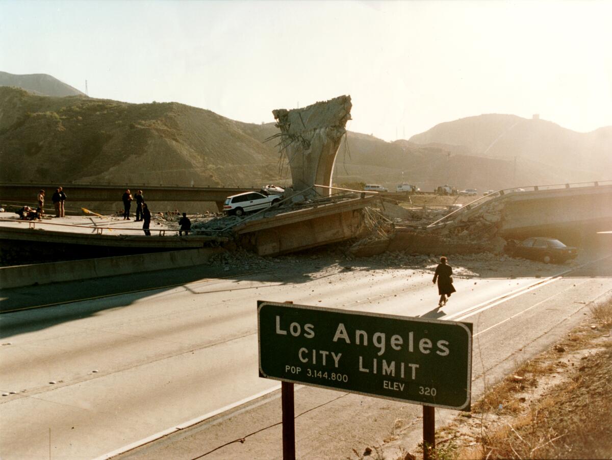 Freeways collapse during the 1994 Northridge earthquake.