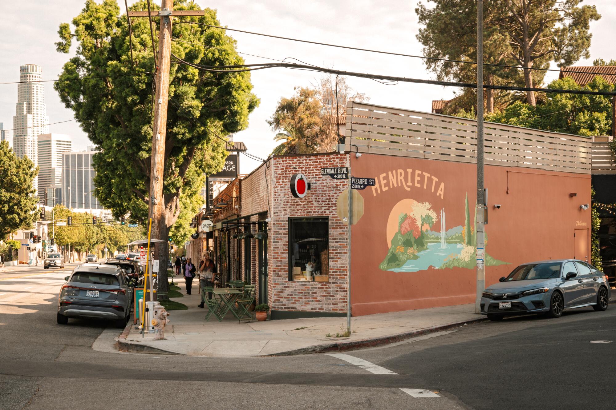 A view of Henrietta with DTLA skyscrapers in the background in the Echo Park area of Los Angeles. 