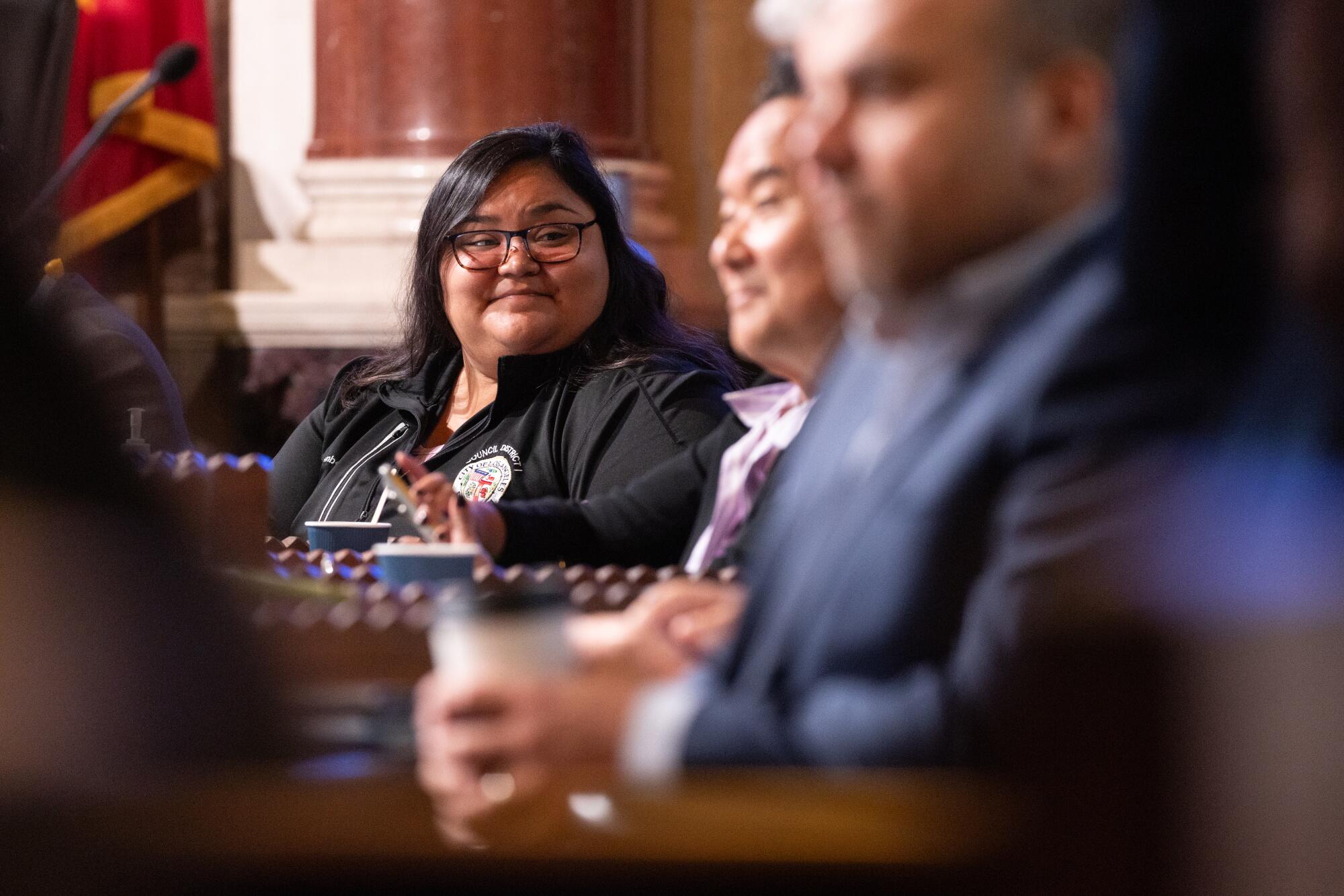 City Councilmember Eunisses Hernandez attends a City Council meeting at City Hall following the primary election.