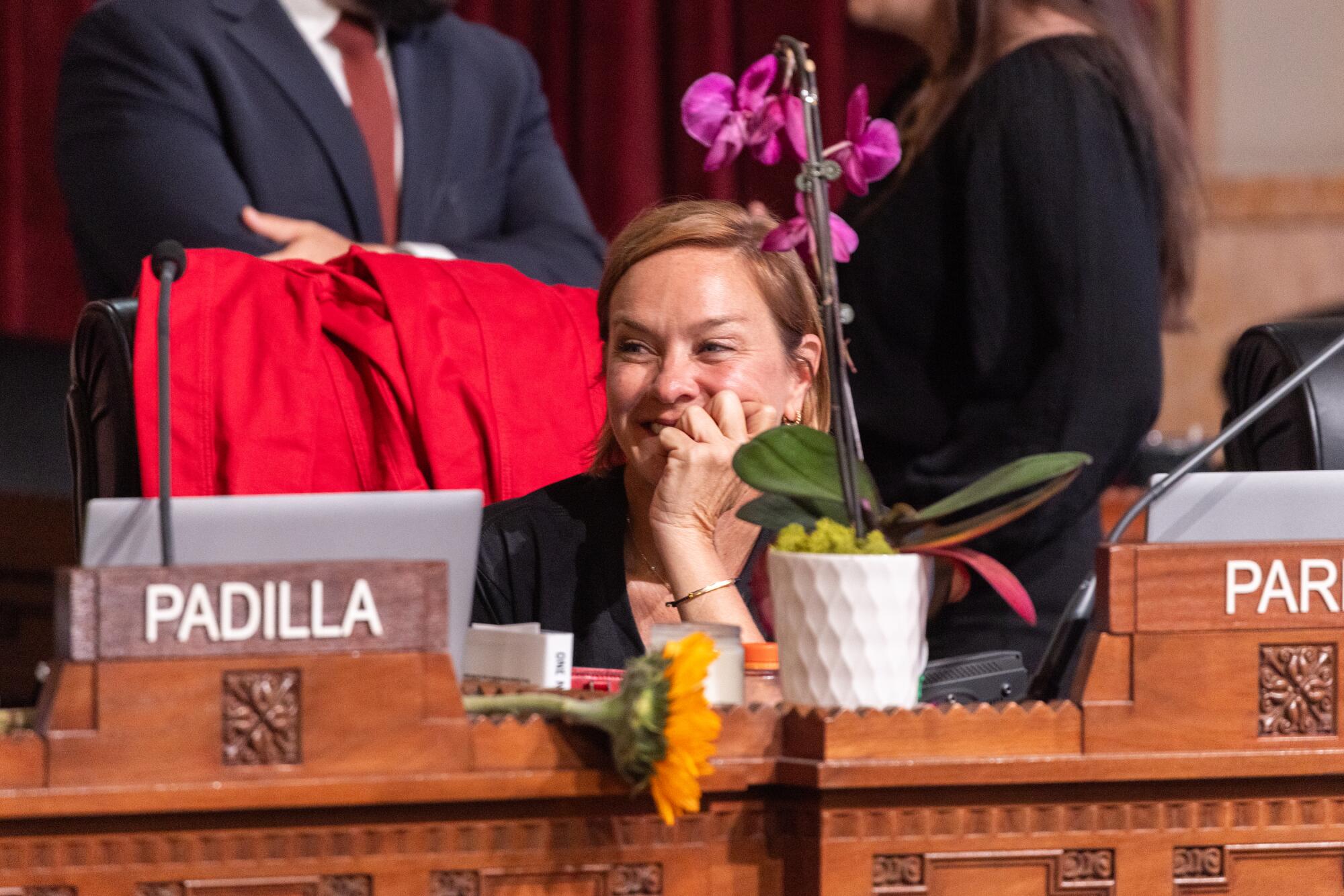 City Councilmember Traci Irene Park reacts as she attends a meeting following the primary election.