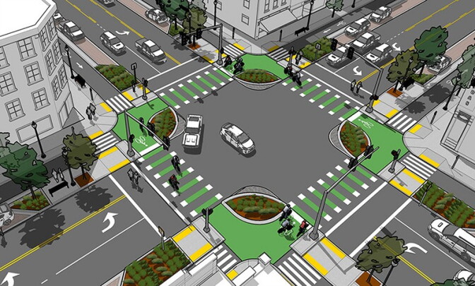 A rendering of a street intersection. Each corner has an outcropping of foliage protecting pedestrian and bicycle lanes painted green.