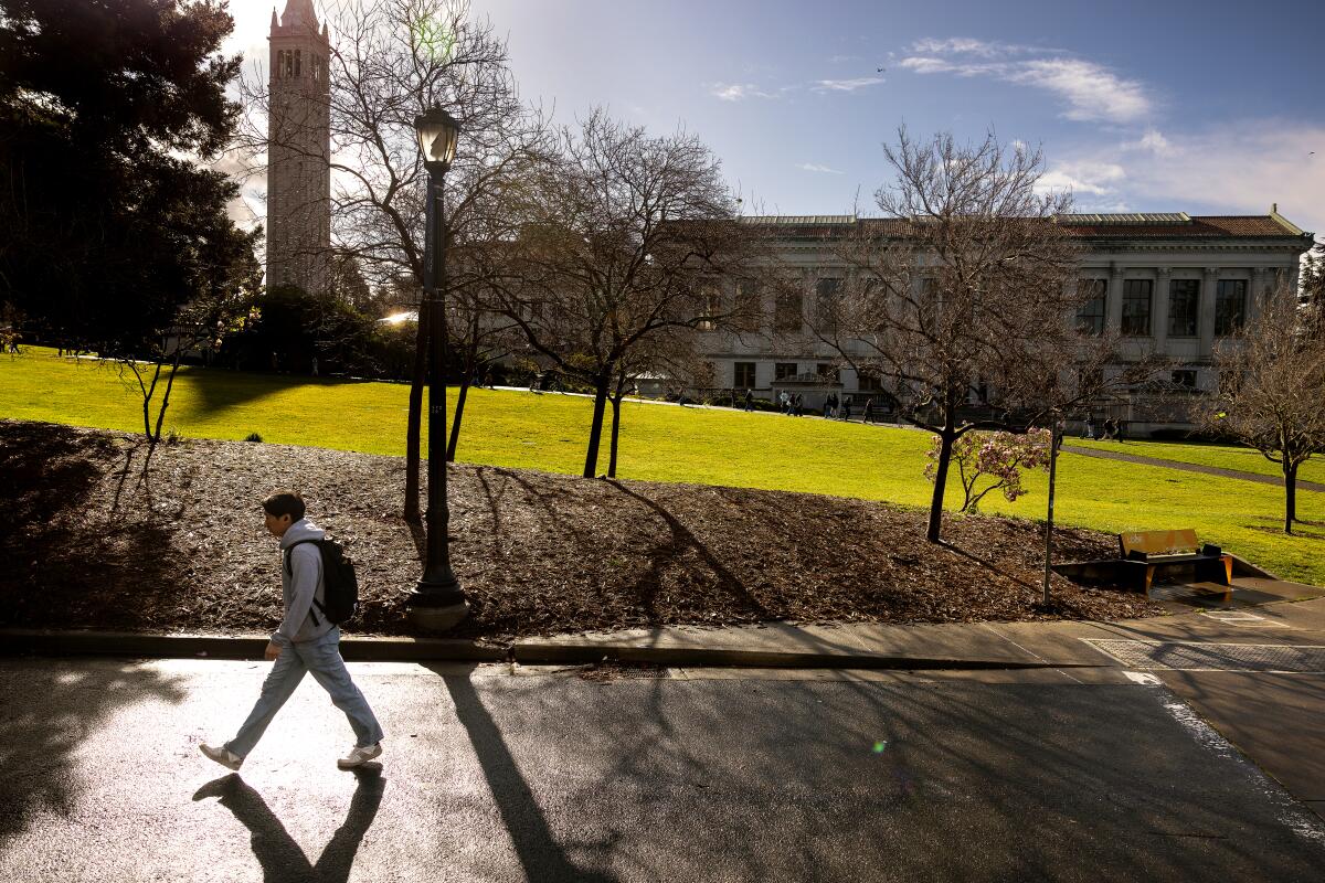 A student walks through campus on an early morning at the University of California, Berkeley.
