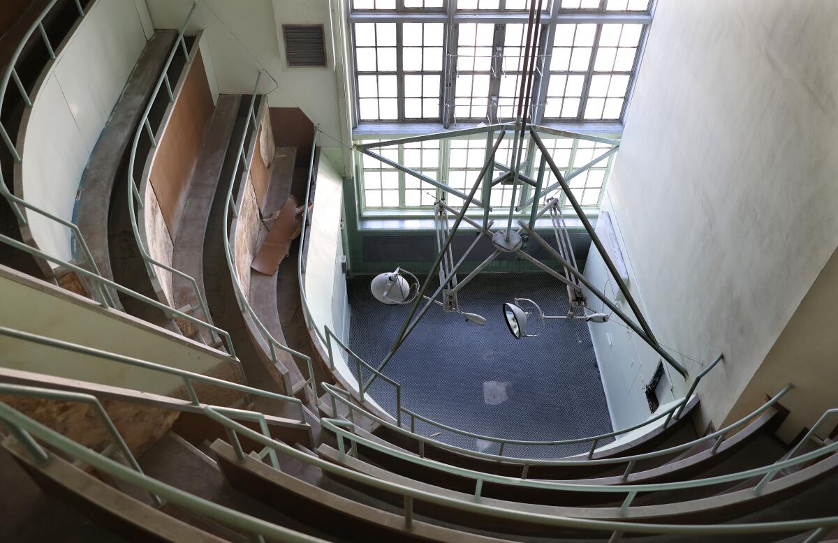 A interior view of a surgery theater looking down