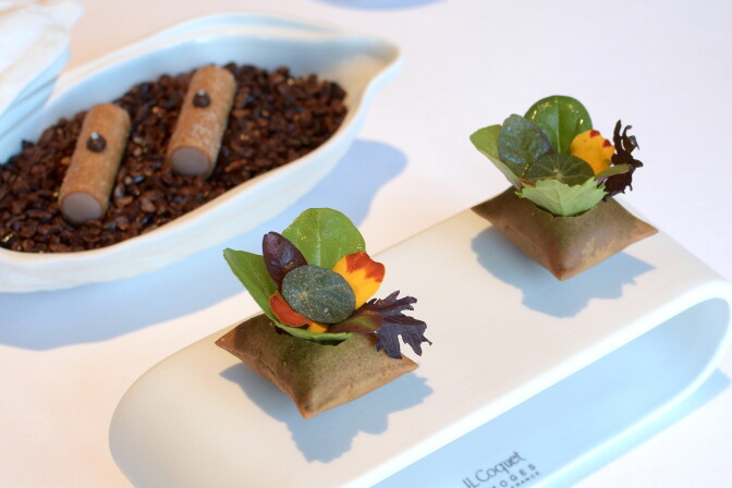 Two dishes appear in the image. The one in the back is a white low oval dish, filled with what looks like small brown chips; in the front is an oval stand with two crisp savory pastries, each with a selection of beautifully placed multi colored leaves.