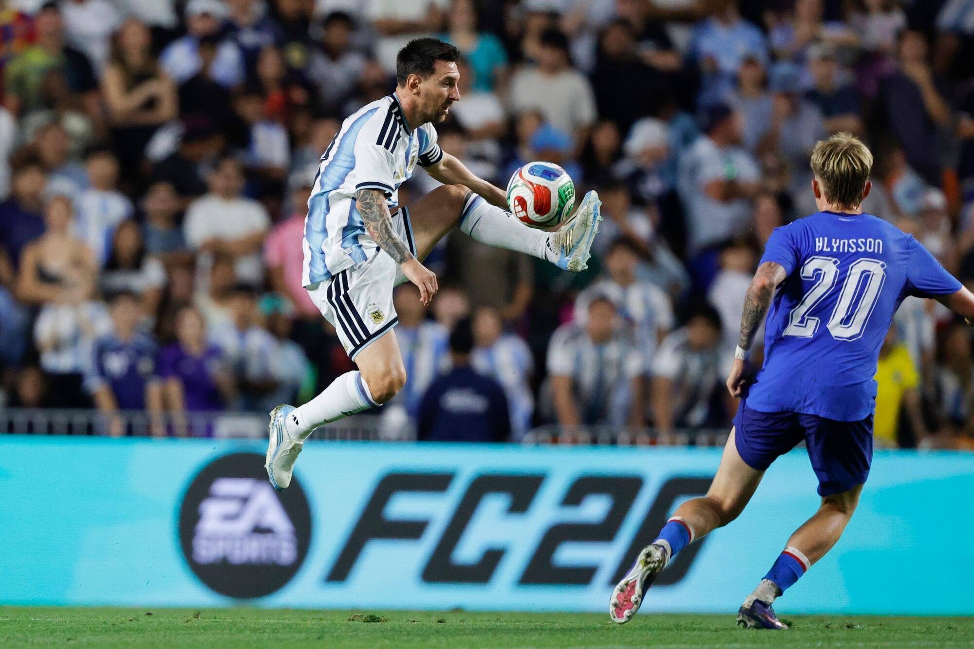 Argentina star Lionel Messi controls the ball during an international friendly against Iceland on Tuesday.