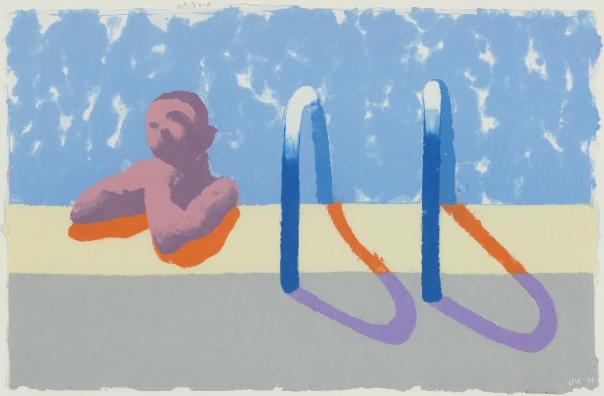David Hockney’s painting features a person hanging over the side of a pool next to the pool's ladder.