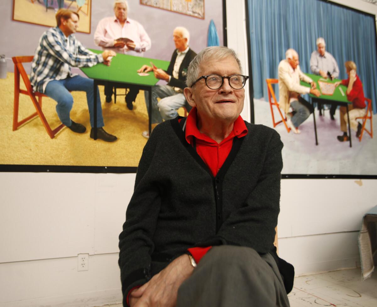 Artist David Hockney sits in front of two new pieces at his studio in the Hollywood Hills on February 27, 2015. 