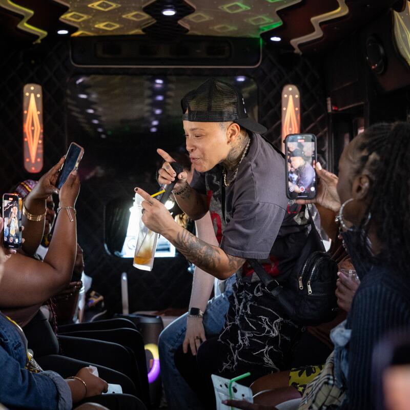 Host Daisy Miles keeps guests entertained with trivia and karaoke in between stops at Black-owned restaurants.