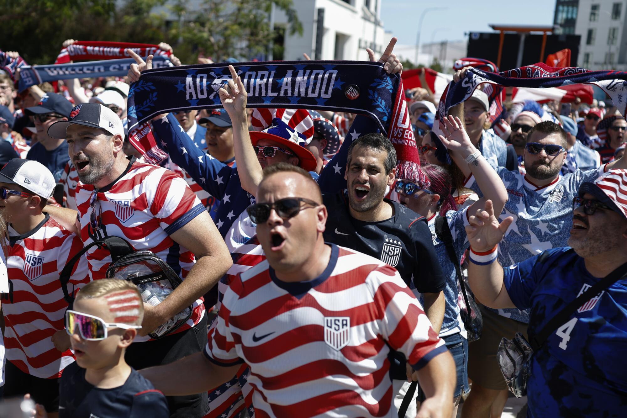 U.S. fans march to Los Angeles Stadium (SoFi Stadium) before the start of the U.S.-Paraguay World Cup match.