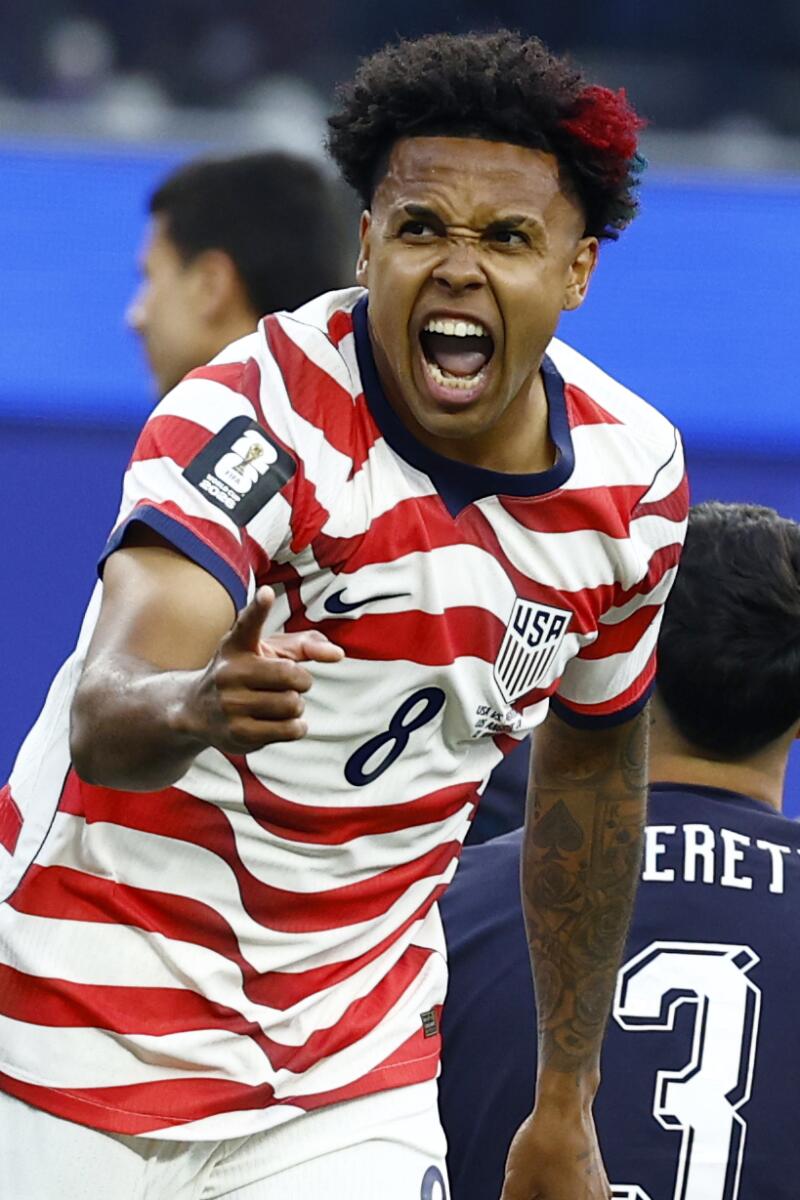 U.S. midfielder Weston McKennie celebrates after a U.S. goal in the first half against Paraguay.