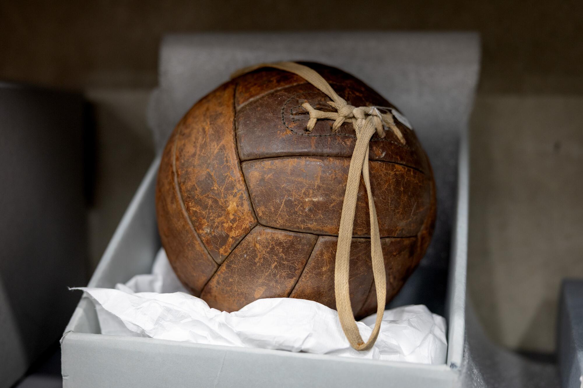 A soccer ball from the holocaust is among the items on display in the exhibit "The Beautiful Game … The Untold Story."