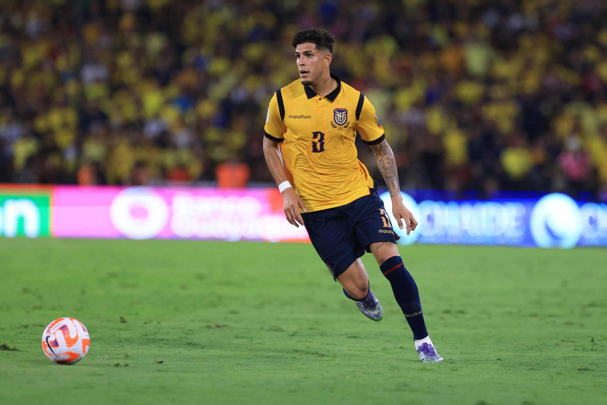 Ecuador's Piero Hincapie controls the ball during a World Cup qualifier against Argentina in September 2025.