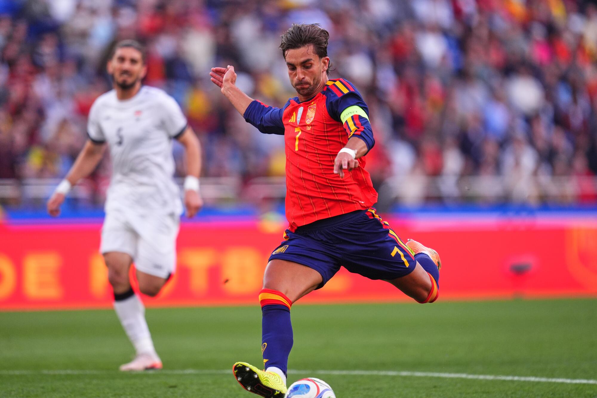 Spain's Ferran Torres scores during an international friendly against Iraq on June 4.