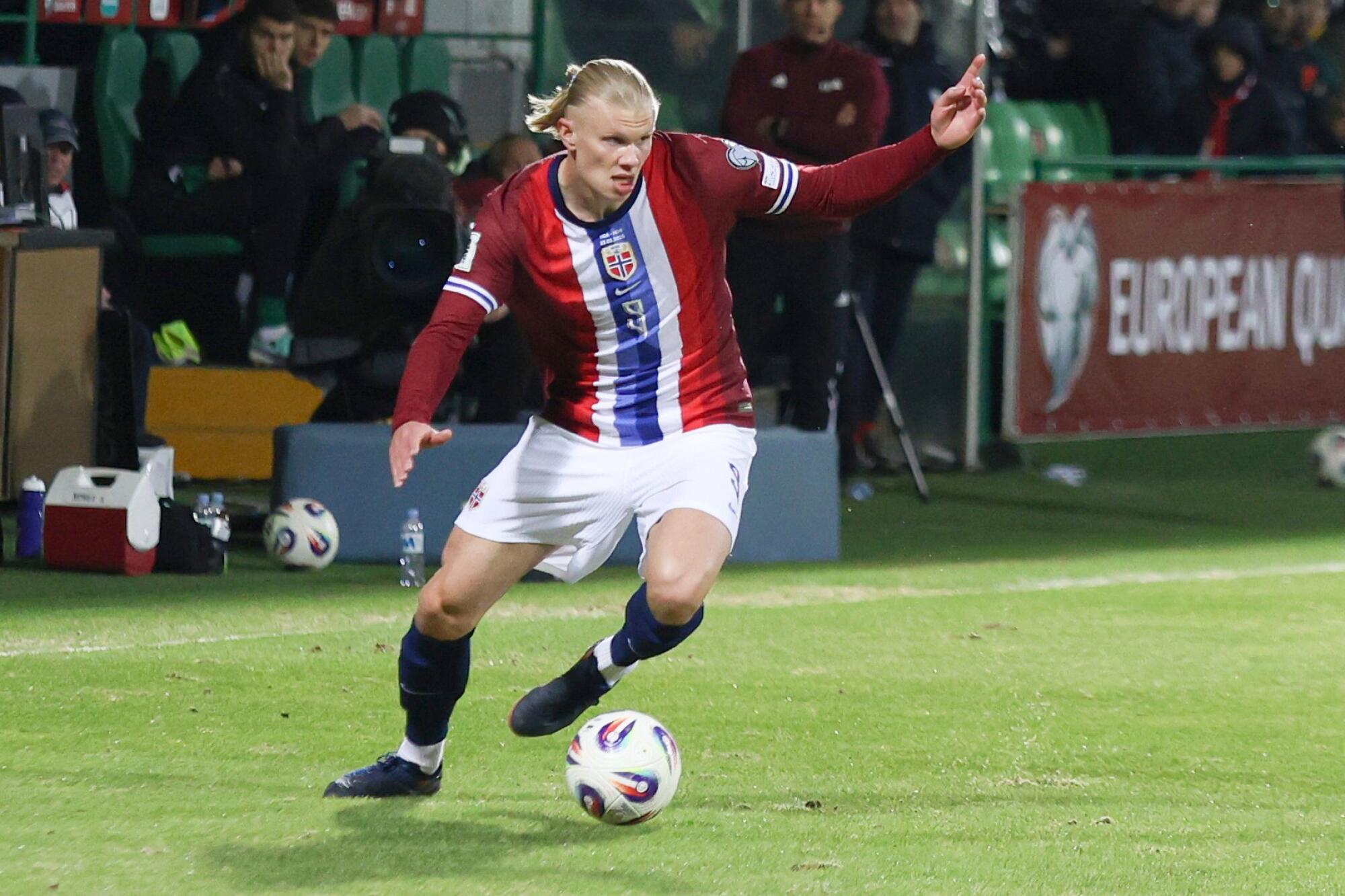 Norway's Erling Haaland controls the ball during a World Cup qualifier against Moldova in March 2025.
