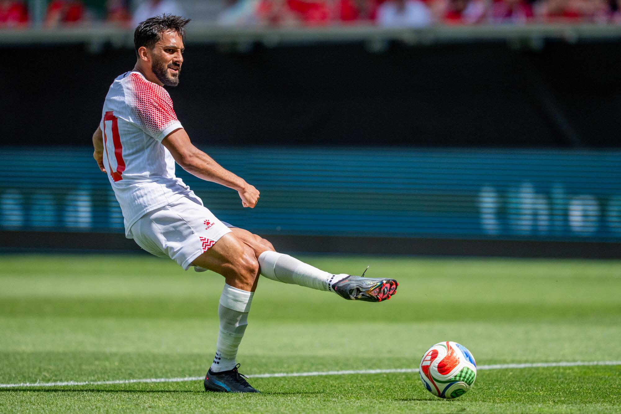 Mousa Al-Tamari of Jordan controls the ball during the international friendly match against Switzerland on May 31.