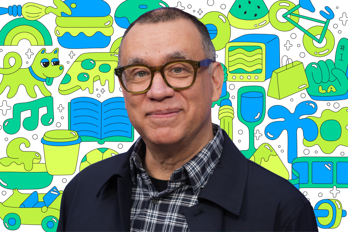 Photo of a person on a background of colorful illustrations like a book, dog, pizza, TV, shopping bag, and more