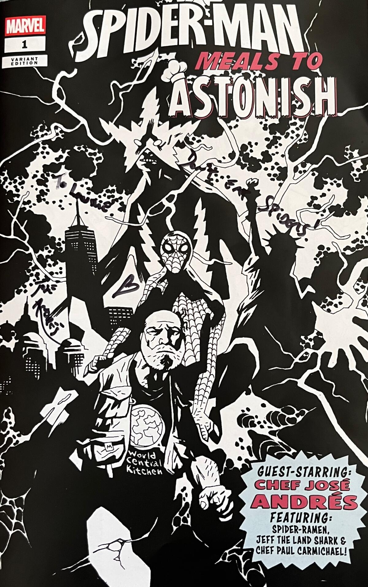 Variant cover of the Spider-Man comic book series "Meals to Astonish," guest starring chef José Andrés.