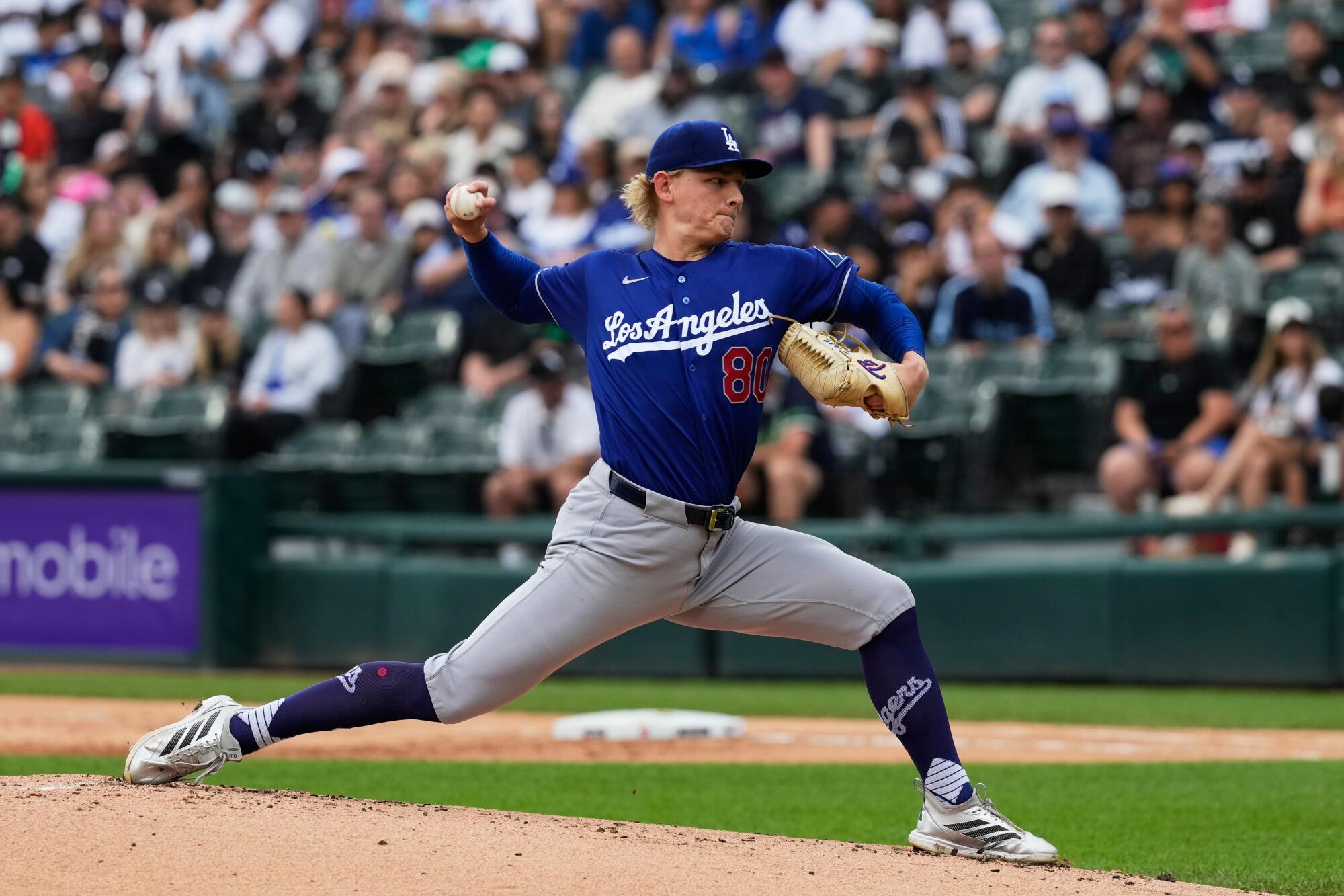 Dodgers starting pitcher Emmet Sheehan delivers against the Chicago White Sox in the first inning Sunday.