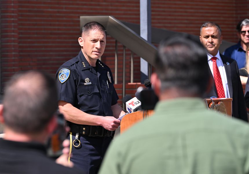 Bakersfield Assistant Police Chief Jeremy Blakemore speaks during a news conference on Wednesday, June 3, 2026, in Bakersfield, California. (AP Photo/David Dennis)