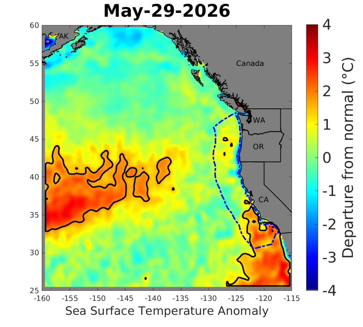 Map shows two marine heat waves, one off the coast of Southern California and another farther offshore, off of NorCal