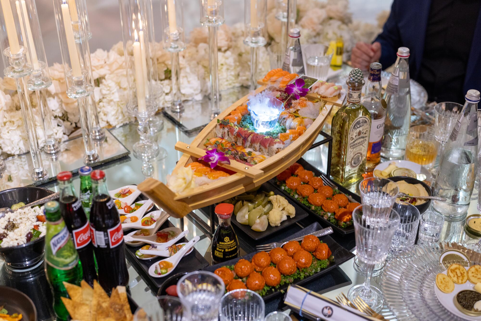 Sushi boats and shrimp ceviche spoons at a wedding at the Landmark in Mission Hills. 