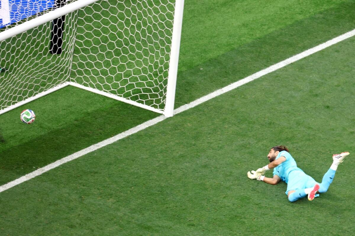Iran goalkeeper Alireza Beiranvand watches the ball go into the net after a goal by New Zealand forward Elijah Just.