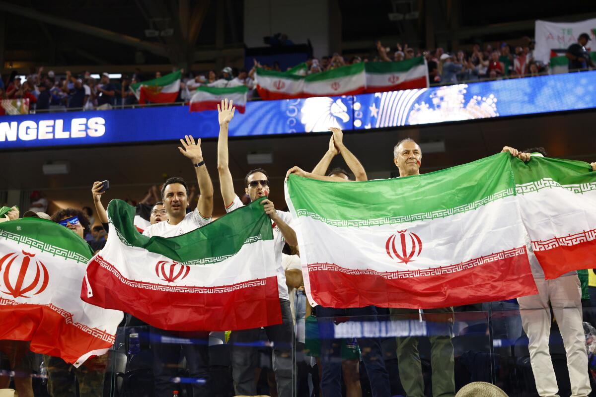 Iranian soccer team fans show their support during the team's 2-2 draw with New Zealand.