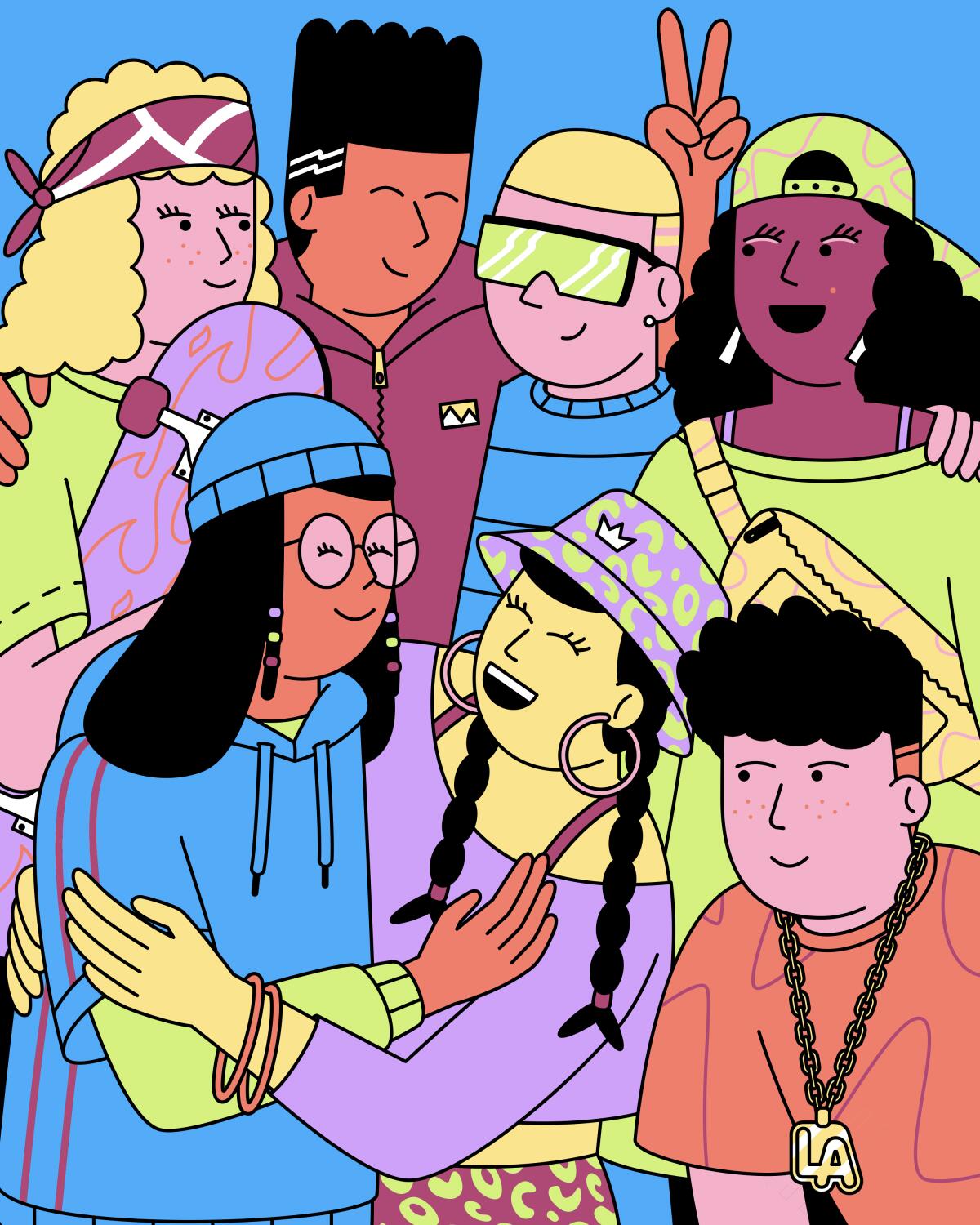 An illustration of a group of tweens hanging out having a good time.