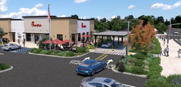 Chick-fil-A restaurant at 4785 Hamilton Ave., a parcel on one of the surface parking areas next to Westgate Center in southwest San Jose, concept. (MCG Architecture)