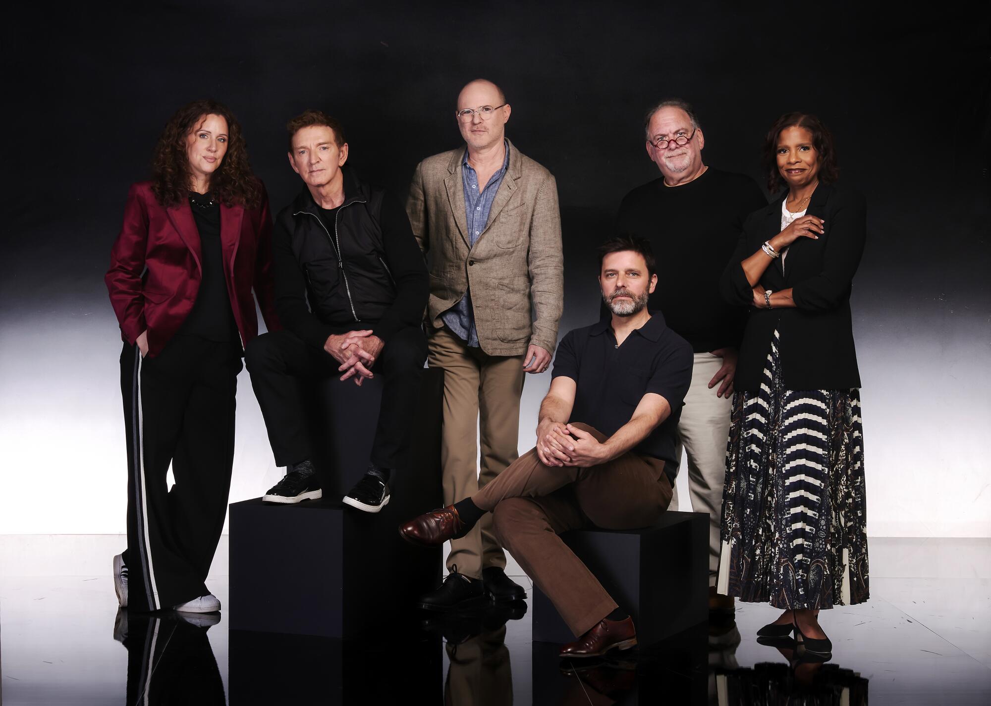 Megan Gallagher, from left, Michael Patrick King, Jonathan Glatzer, Andrew Guest, Bruce Miller and Sonja Warfield.