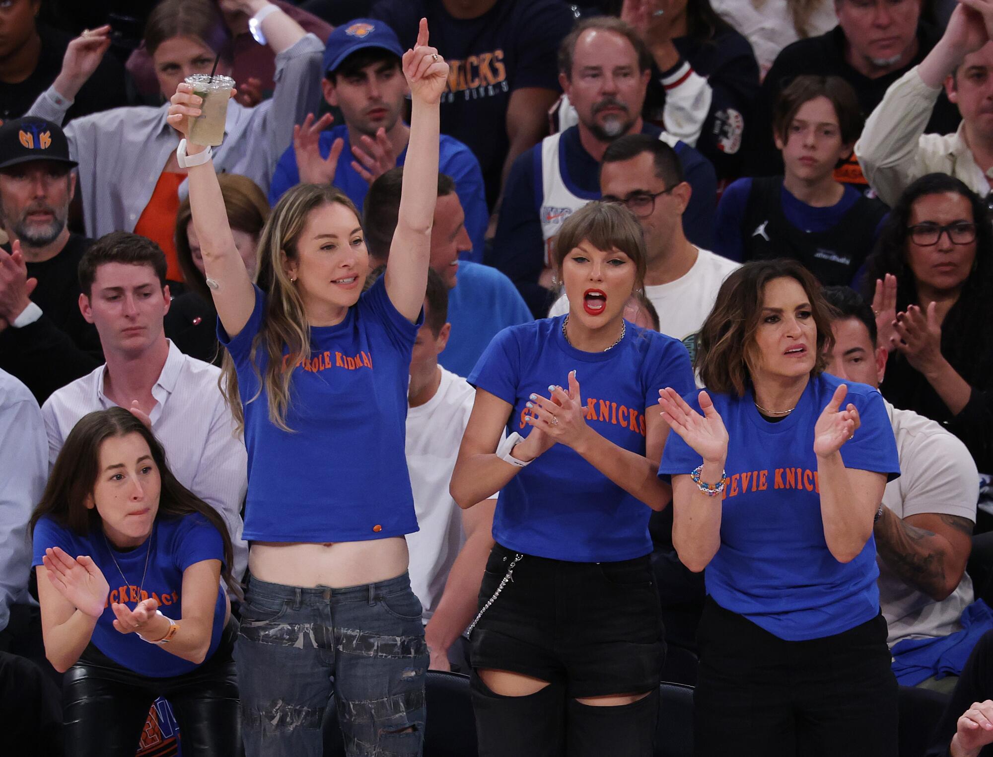 Alana Haim, from left, Este Haim, Taylor Swift and Mariska Hargitay during Game 4 of this month's NBA Finals.