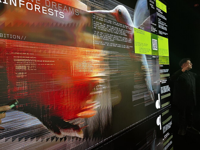A computer interface displaying an AI-generated image of a white-red hummingbird drinking from a red flower, overlaid with lines of white text on a black background.