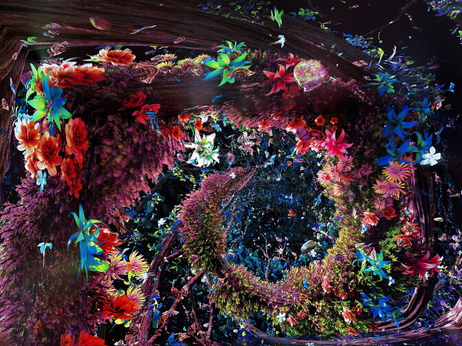 A wall sporting an AI-generated image that depicts a red tree branch covered in multicolored flowers looping into an infinite spiral.