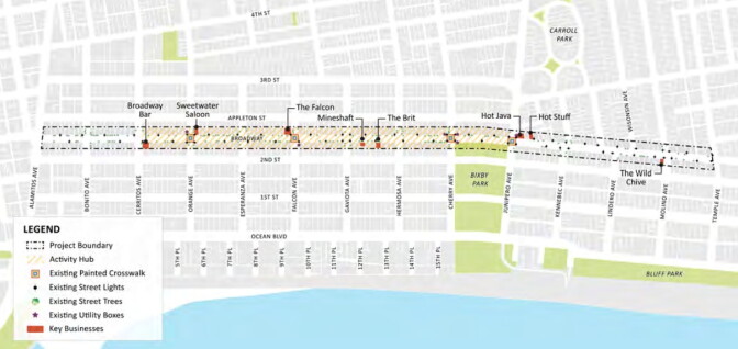 A street map with a long stip bordered in dots and dashes, delineating the new Long Beach LGBTQ+ cultural district