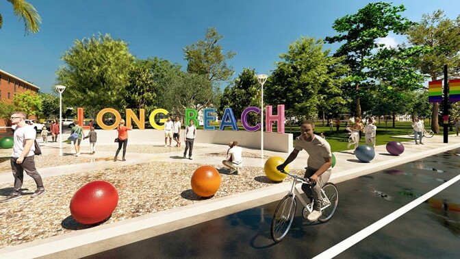 A rendering of a neighborhood. Large letters spell out "Long Beach" in a plaza. People are walking, jogging and taking pictures. A man is depicted on a bicycle, riding in a bicycle lane.